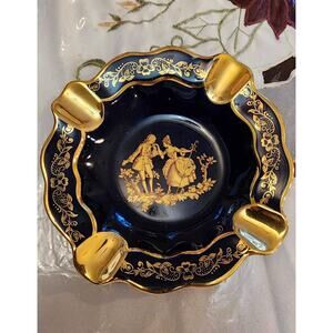 Limoges France Cobalt Blue Porcelain Ash Tray with 22K Gold Romancing Couple.